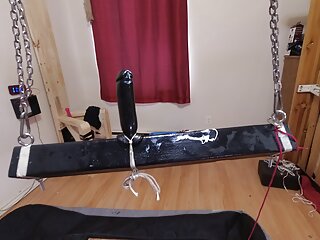 Sissy Maid Stuck on Huge Dildo on the Wooden Pony...