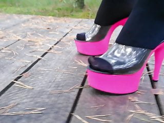 Lady L walking with pink mules.