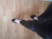 sissy walk in leather and heels