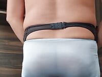 Shiny nylon full cut see through panties over garter belt | Tranny Update | Porn videos