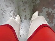 White thigh boots and the tightest red leggings i have