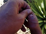 Foreskin self playpiercing with agave thorn in desert