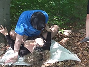 Jessica gets multiple creampies from 3 guys in the woods