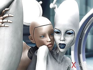 Female sex android plays with an alien in the sci-fi lab