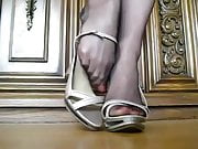 Nylon feet in silver high heel sandals
