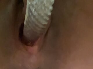 Using glass dildo in pussy close up