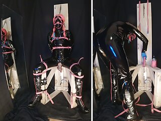 Strapped To Fucking Machine Chair In Pvc Catsuit Gagged In Chastity