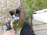 Piss in wifes black and grey stiletto high heels