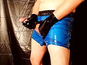 Jerking Off In Blue Latex Shorts
