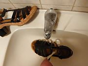 Piss in wifes black patent leather & cork sandal