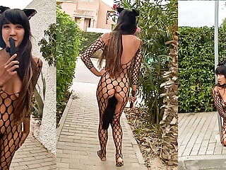 Horny Cat Costume with Butt Plug Tail Public Challenge – Asian Latin DaringKiara Exhibitionist Risky Public Nudity Challenge