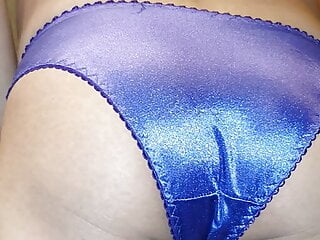 Satin VS purple bra, blue satin panties and black stockings