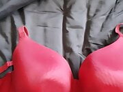 Cumming on wife's red bra