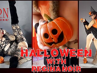 Halloween Witch in Rtgina Noir Witch with Pumpkins and a Broom. Regina Noir Velma Dinkley Yellow Pantyhose