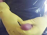 Handjob yellow rubber gloves