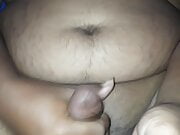 Chubby asian guy with tiny cock masturbates and eats own cum