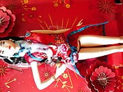 Chinese New Year Barbie in Cheongsam Satin Dress Cum Blasted