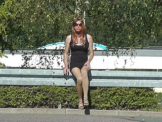 Crossdresser Tgirl in mini-dress in public