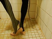 Showering in pink stiletto high heels and nylons