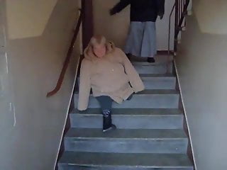 European, Homemade, Bbw Blonde Granny, Stair