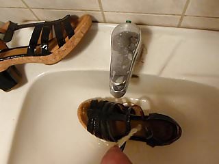 Piss in wifes black patent leather  cork sandal
