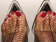 In the car Feet with red Toenails in Fishnets & clear Heels