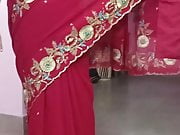 My real hot mom red saree 