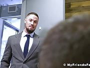Muscular hunk Skyy Knox foot worshiped by his buddy in suit