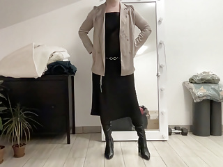Black Satin Fetish Long Dress And Silk Jacket And High Heels Overknee Boots And My Cock Hard And Horny. Suck Me Gently