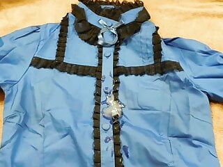 Gorgeous blue victorian blouse gets bukkake...