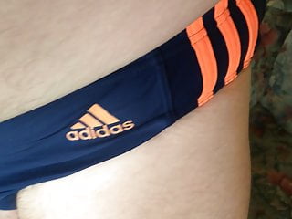 Me In Adidas Swim Brief Dark Blue With Orange Stripes
