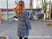 Horny female in a coat flashes tits and pussy in the neighborhood