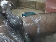An Indian with Huge and Black Dick Cums while Bathing 